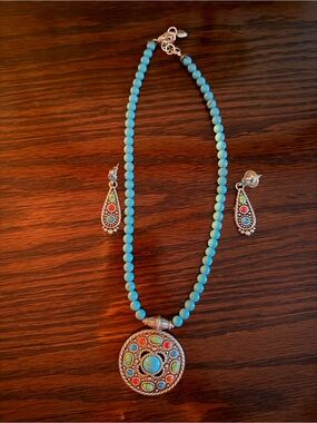 Bright Turquoise Bead Necklace with Multicolor Pendant - Brighton